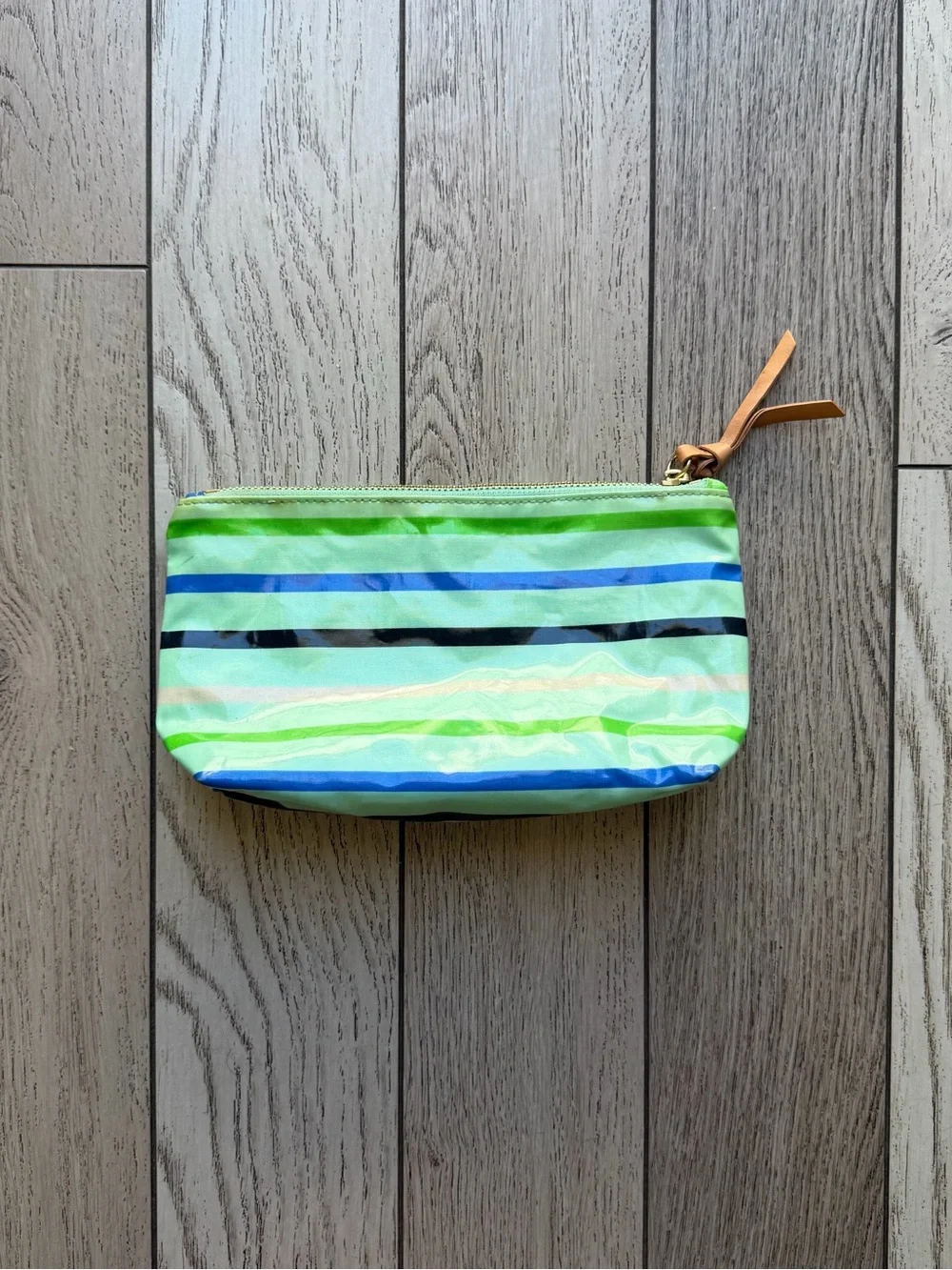 Tory Burch Neon Green and Blue Striped Zip Pouch